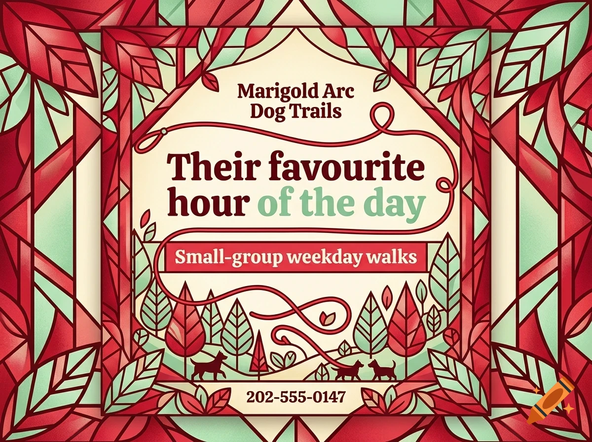 An illustration with red and green tones featuring trees, dogs, a leash, and text reading 'Marigold Arc Dog Trails' and 'Their favourite hour of the day'.