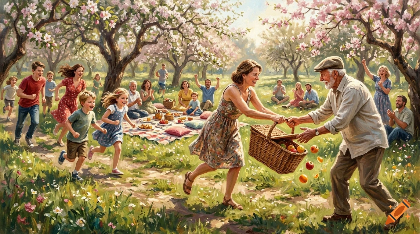 An extended family gathered for a picnic in a sunny orchard blooming with white and pink flowers, with a couple handing a basket filled with fruit