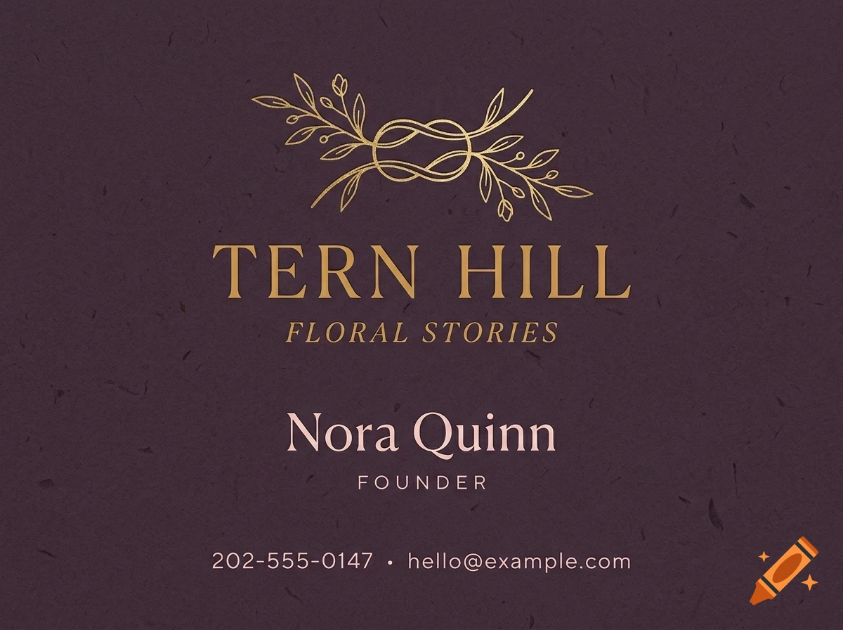 A business card featuring gold floral vector illustration and lettering for Tern Hill Floral Stories with the name Nora Quinn and contact info.