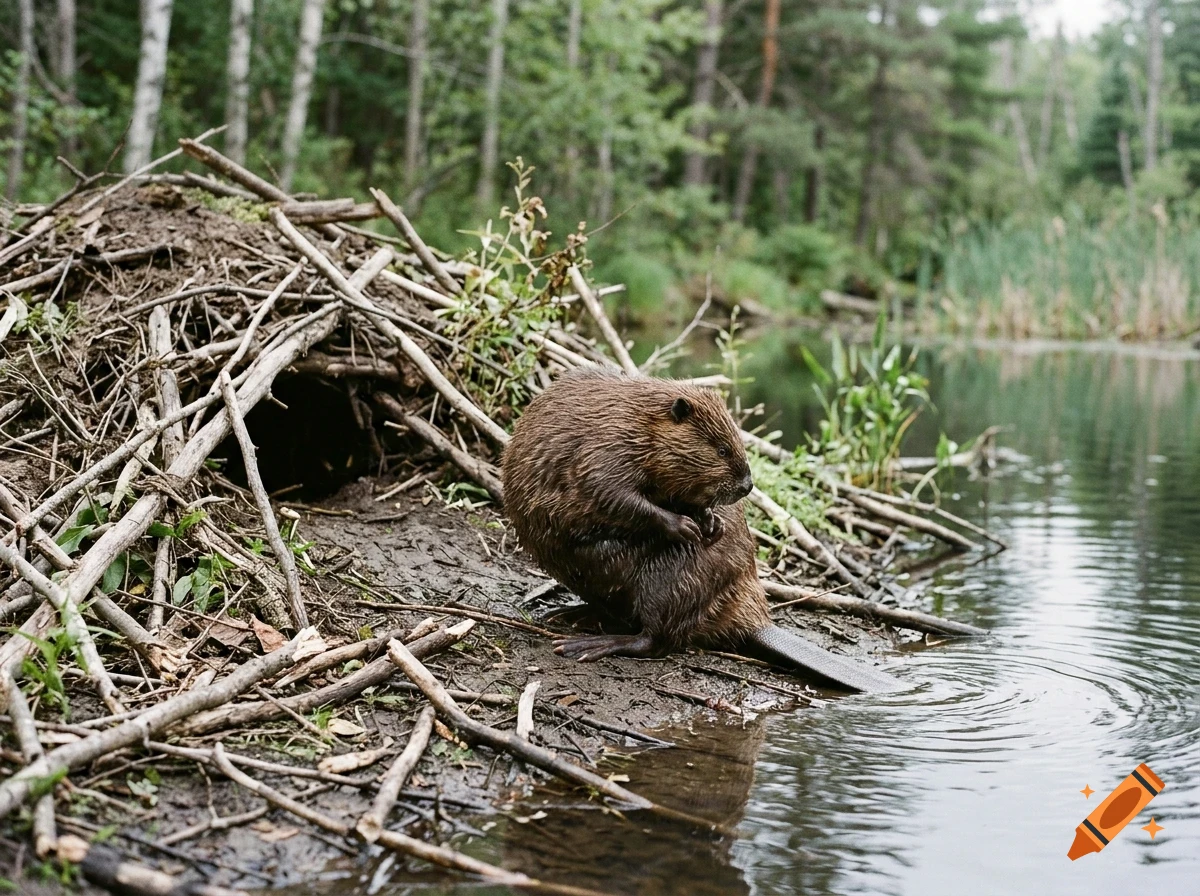 A beaver grooming itself on the muddy bank of a river next to its lodge.