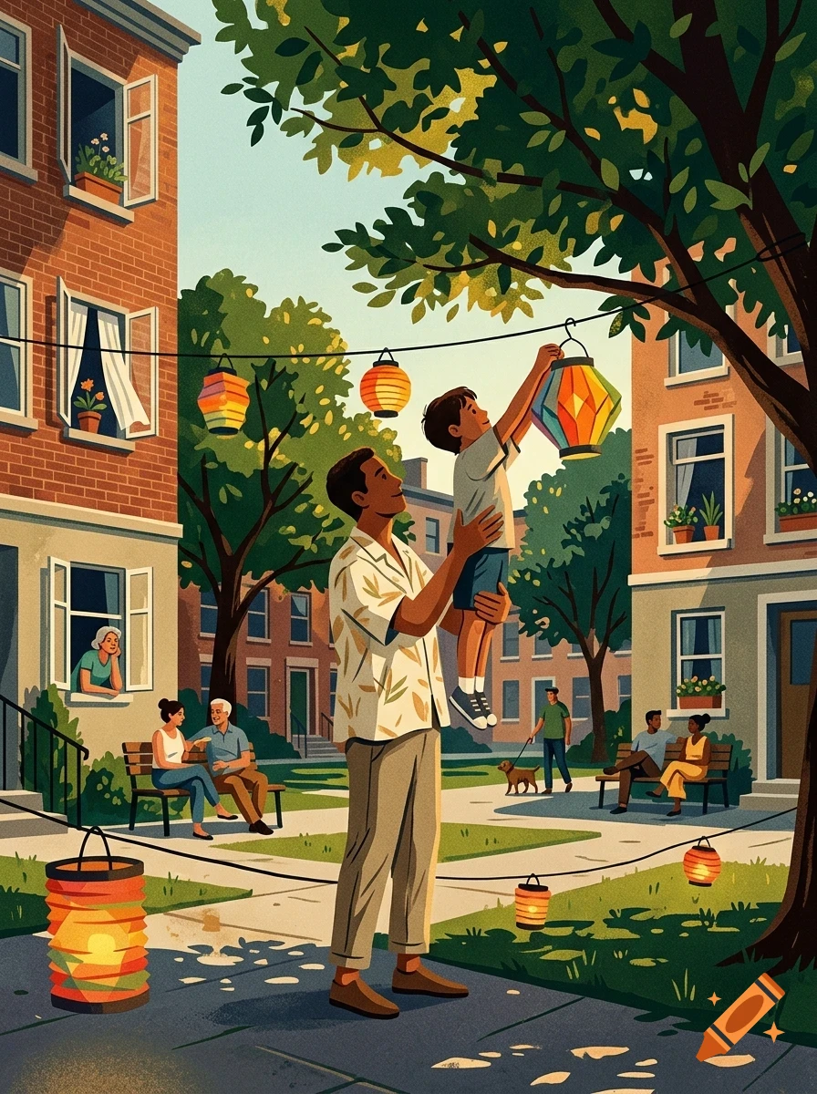 An adult holds a child up to hang a colorful paper lantern on a string between buildings in a neighborhood courtyard.