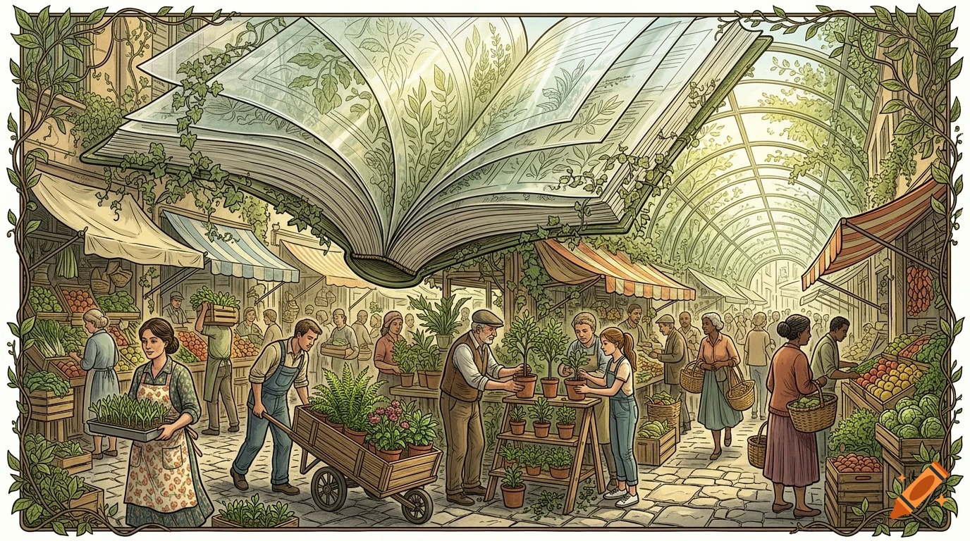 An illustrated marketplace scene with people selling plants and produce, beneath a giant open book with botanical illustrations.