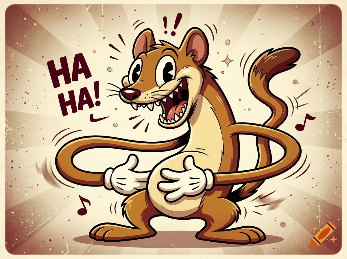 Vintage rubberhose style cartoon illustration of a laughing weasel with sharp teeth and long arms.