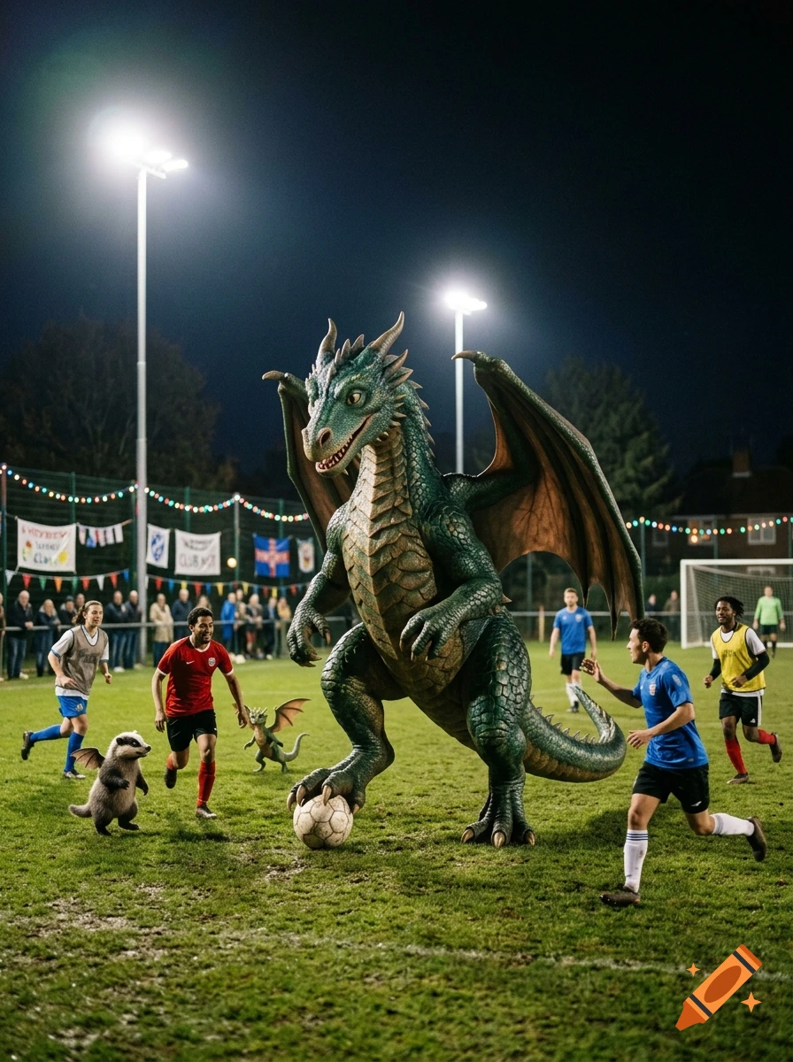 A large green dragon playing soccer on a field at night with friends, illuminated by stadium lights.