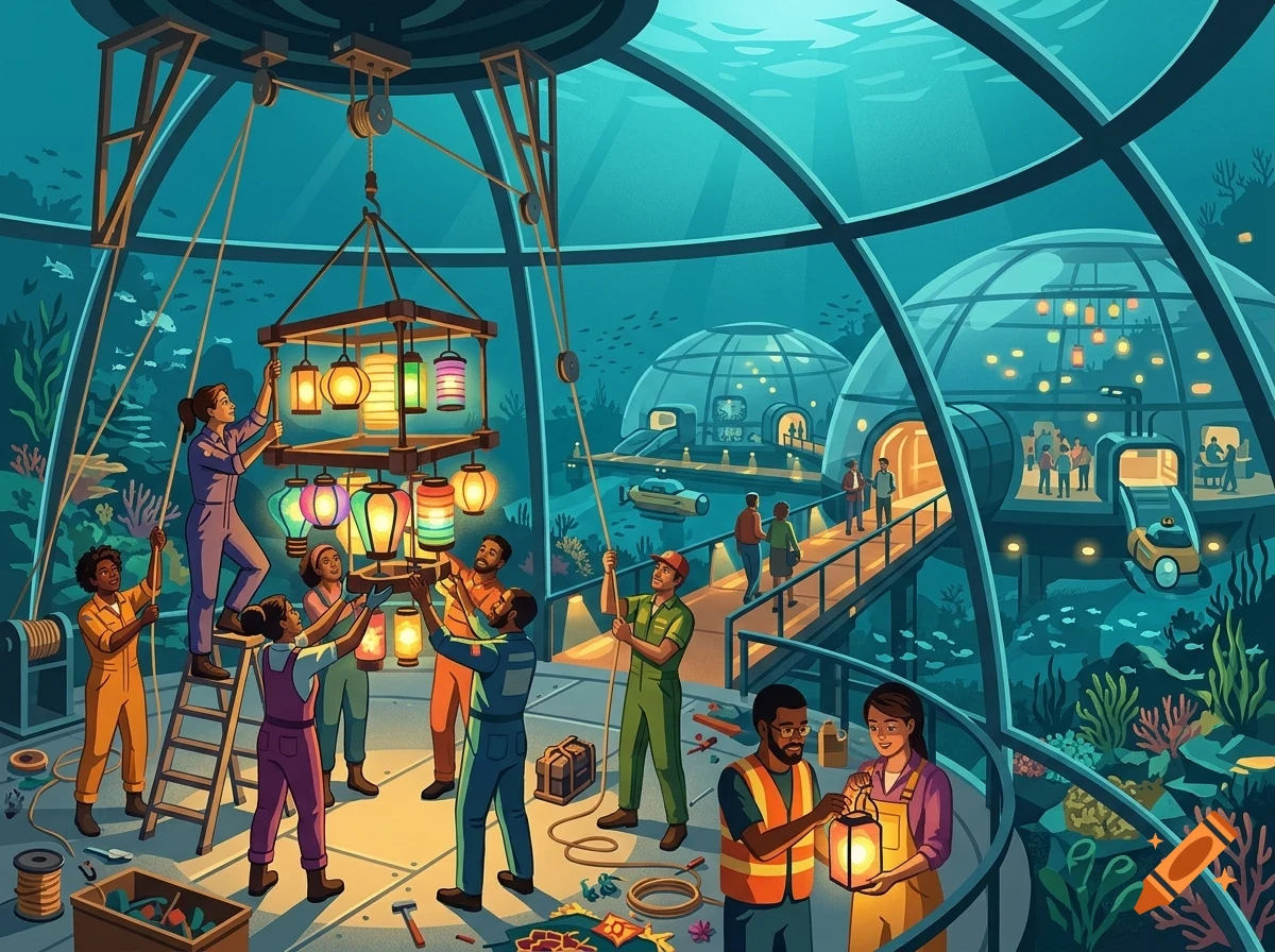 An illustration of people inside an underwater dome base hanging lanterns and working together, with other aquatic habitats visible outside.