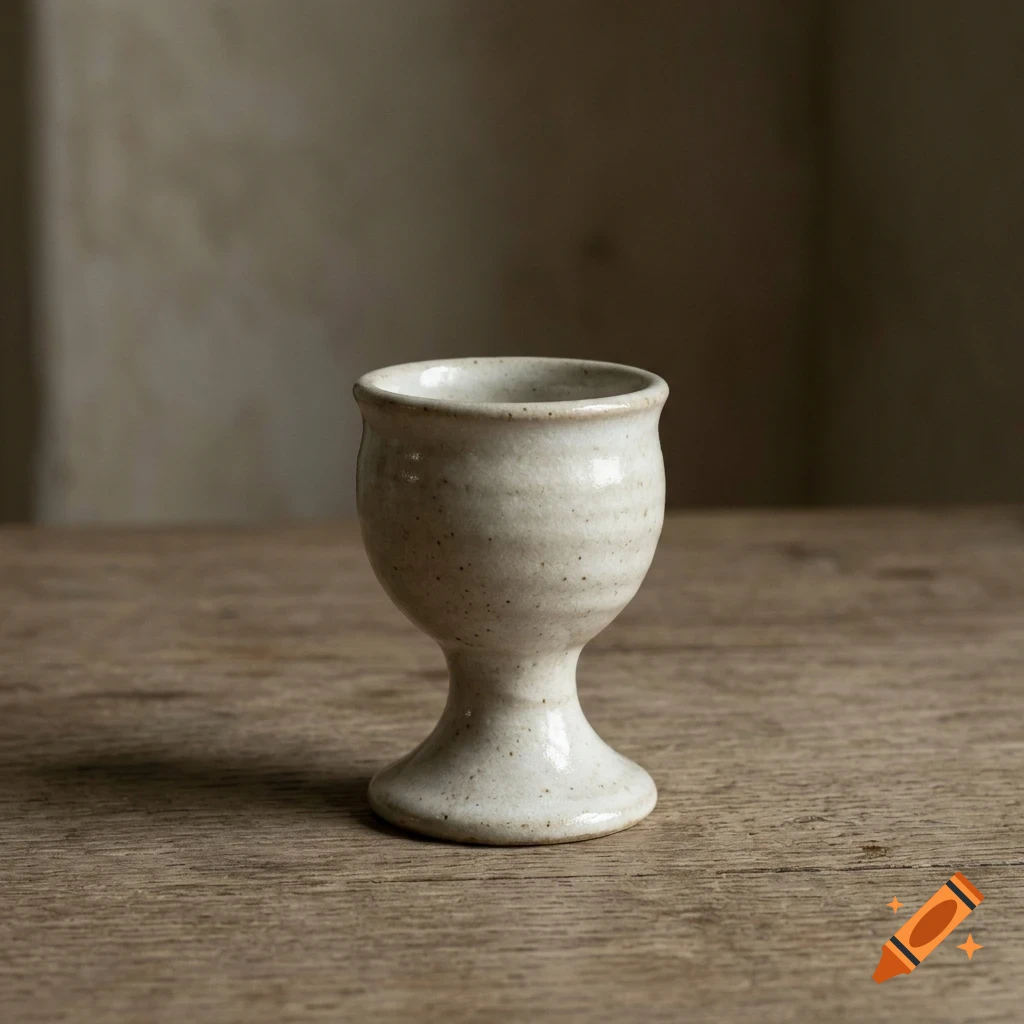 A small speckled ceramic egg cup on a wooden surface.
