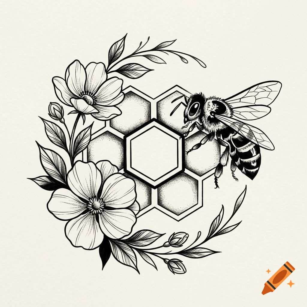 A black and white ink drawing featuring a bee on a honeycomb, surrounded by flowers and leaves.