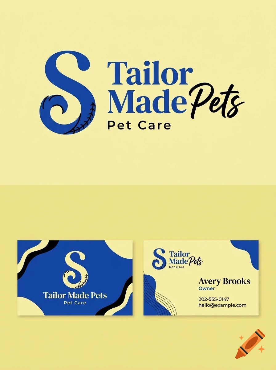 A business card and brand identity mockup for Tailor Made Pets with blue, black, and yellow color scheme.