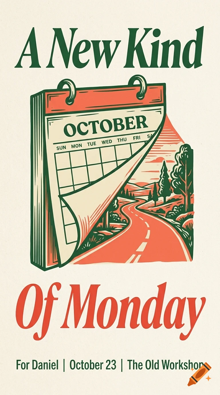 An illustrated poster featuring a calendar showing October with a winding road landscape and the text A New Kind Of Monday.