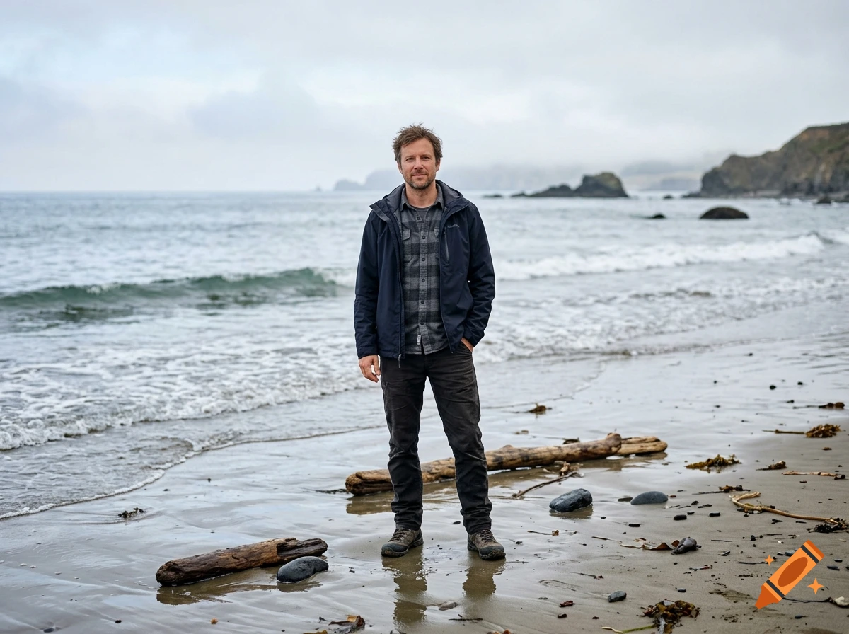 Photorealistic image of a man standing on a sandy beach by the ocean on an overcast day.