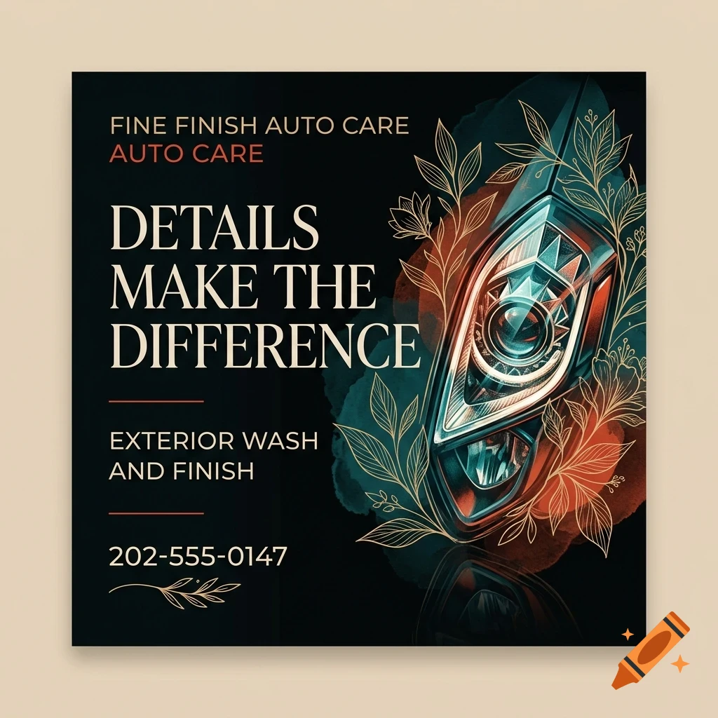 An advertisement for Fine Finish Auto Care featuring a car headlight illustration decorated with gold line-art leaves and watercolor splashes, accompanied by text.