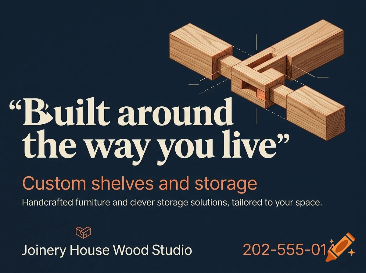An advertisement for Joinery House Wood Studio featuring an illustration of wooden joinery and text reading Built around the way you live.