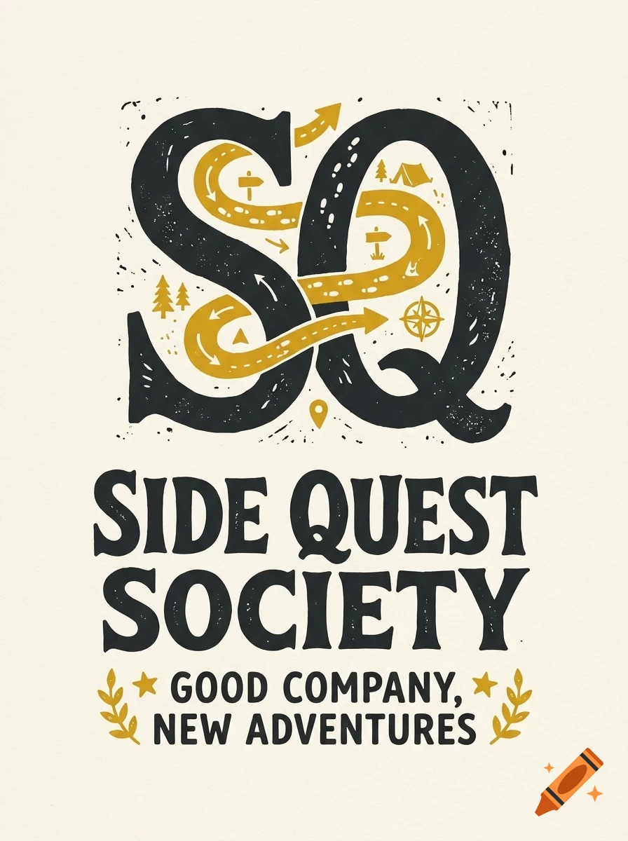 An illustration with large letters SQ containing winding roads and camping icons, and the text SIDE QUEST SOCIETY GOOD COMPANY, NEW ADVENTURES.