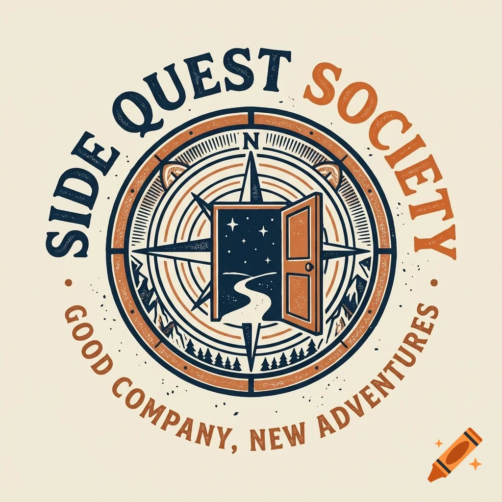 An illustrated logo featuring an open door with a starry night and winding path inside, set against a compass rose with mountains and trees, surrounded by the text "SIDE QUEST SOCIETY" and "GOOD COMPANY, NEW ADVENTURES".