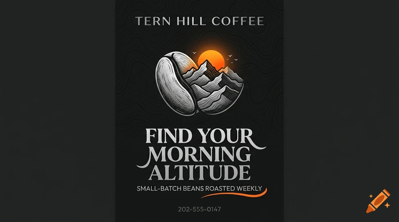A poster featuring an illustration of a split coffee bean revealing mountains and a sunset, with the text TERN HILL COFFEE and FIND YOUR MORNING ALTITUDE.