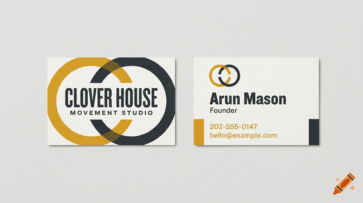 Two business cards with a minimalist design in yellow and dark gray, featuring the text Clover House Movement Studio and Arun Mason.