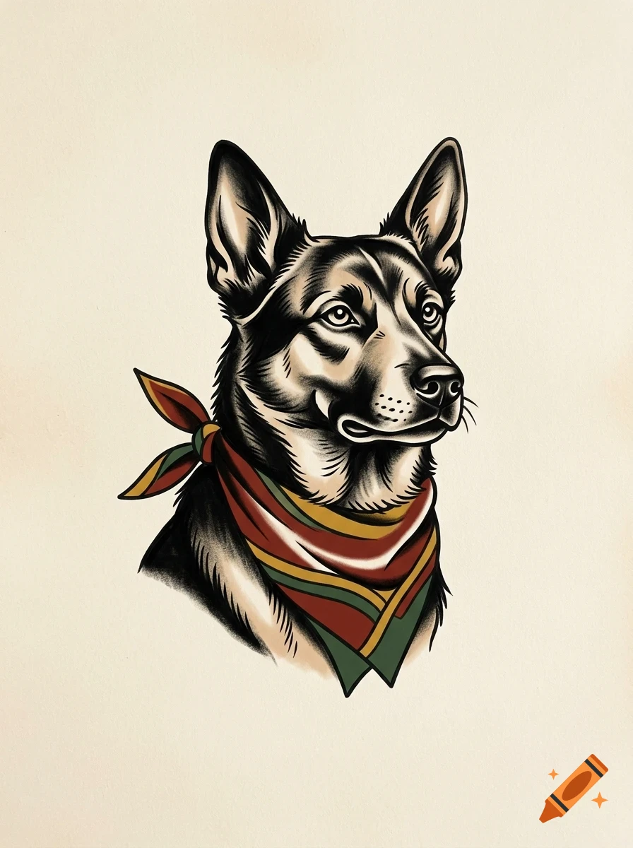 An illustrated portrait of a German Shepherd wearing a striped red, yellow, and green neckerchief.