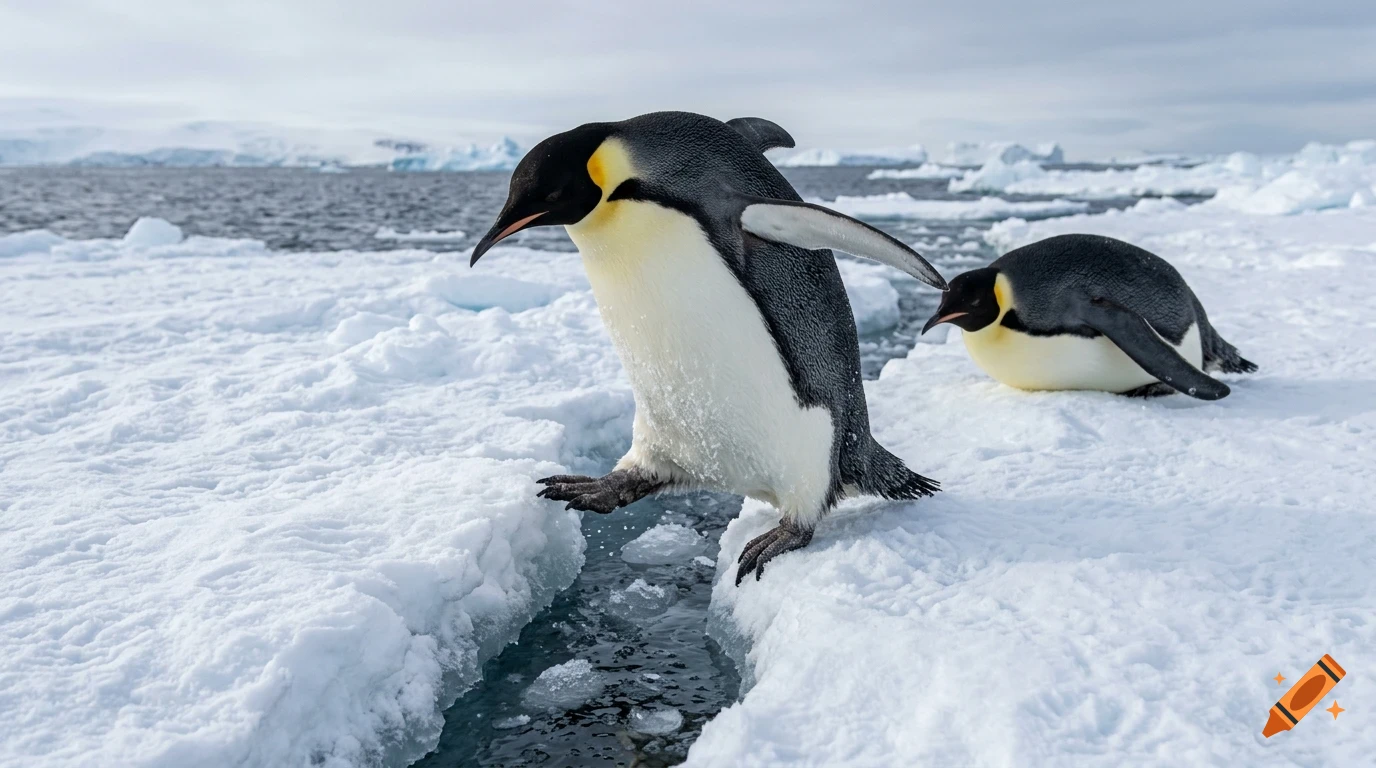 Emperor penguins on ice and snow near water in Antarctica.