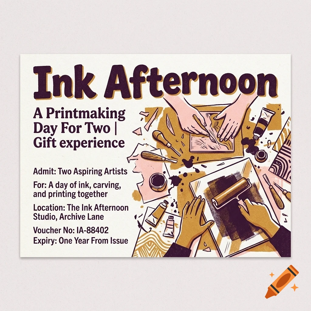 An illustrated voucher advertising an Ink Afternoon printmaking experience for two, featuring hands carving and rolling ink.