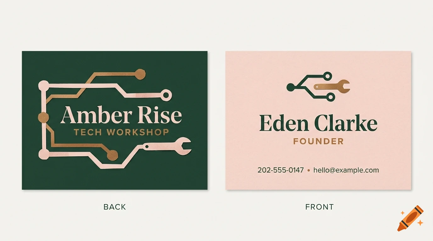 Front and back of a business card design for Amber Rise Tech Workshop featuring circuit board motifs and a wrench icon.