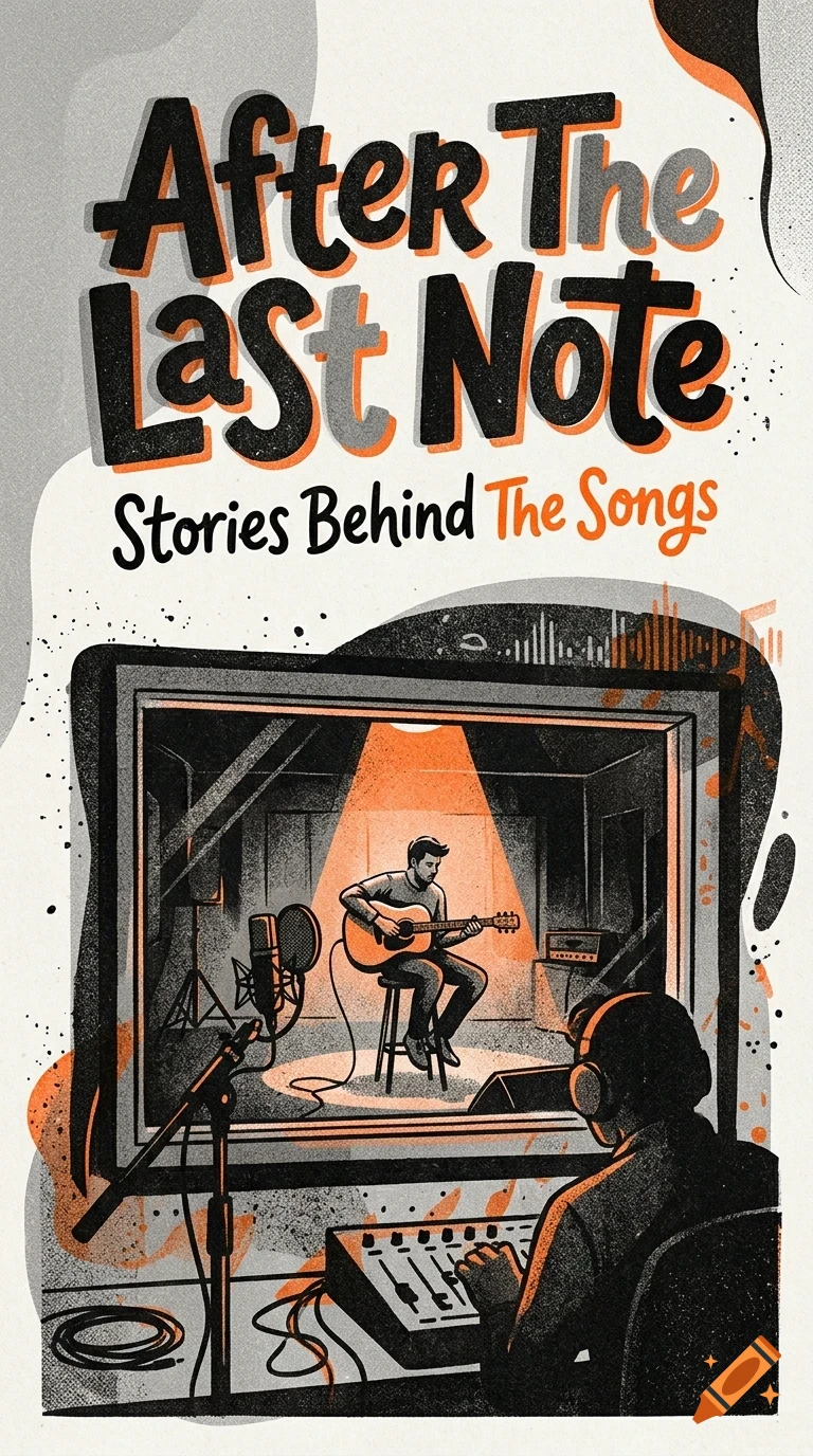 An illustrated poster showing a sound engineer at a mixing console looking through a window into a studio where a musician plays guitar.