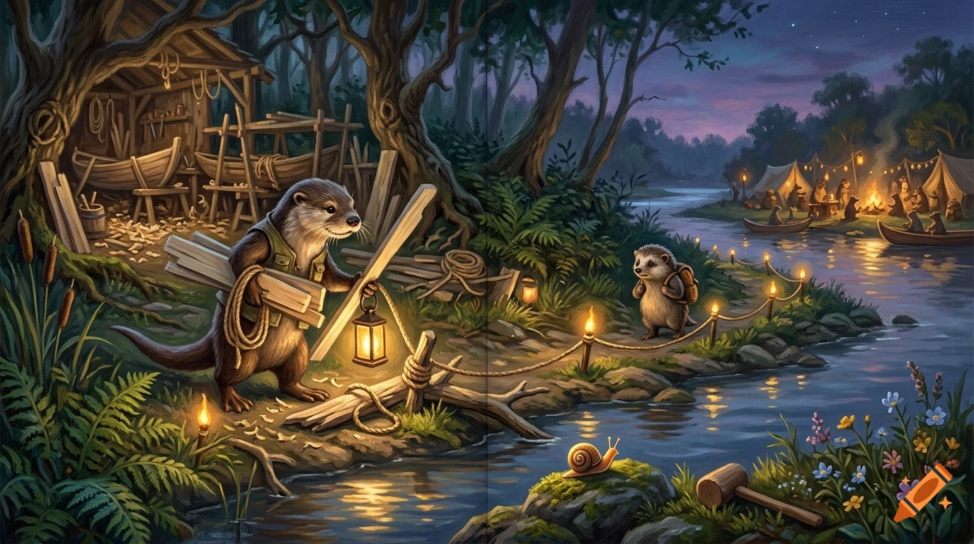 An anthropomorphic otter carrying wood and a lantern near a workshop, with a hedgehog walking along a lit path by a river at dusk.