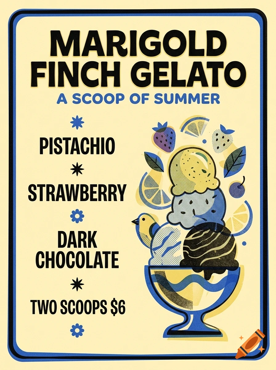 An illustrated poster for Marigold Finch Gelato featuring text options, flavors, and an ice cream sundae in a bowl.