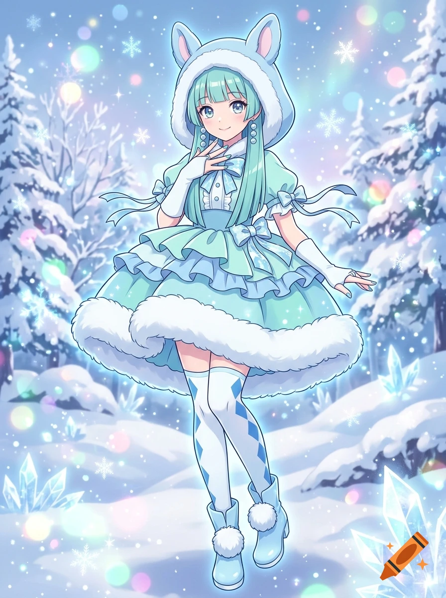 Full-body anime illustration of a cute blue-haired girl in a frilly winter dress and hood, standing in a snowy forest wonderland.