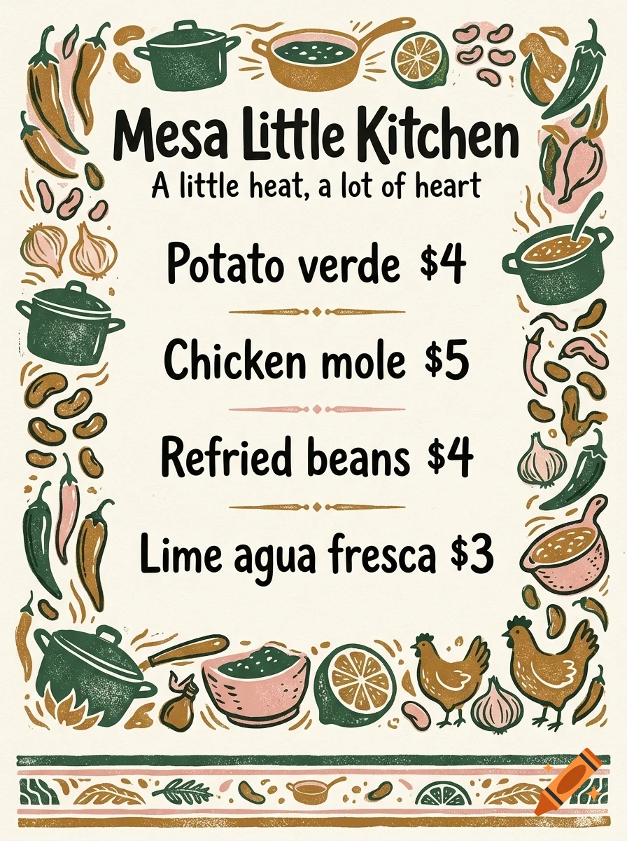 An illustrated restaurant menu with text 'Mesa Little Kitchen' and food items with prices, surrounded by a border of cooking pots, ingredients, and chickens.