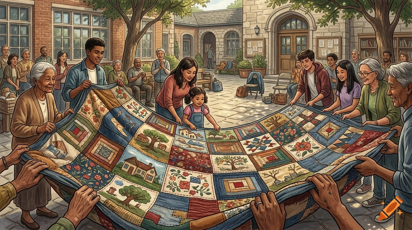 A diverse group of people of various ages holding up a large patchwork quilt outdoors in a courtyard.