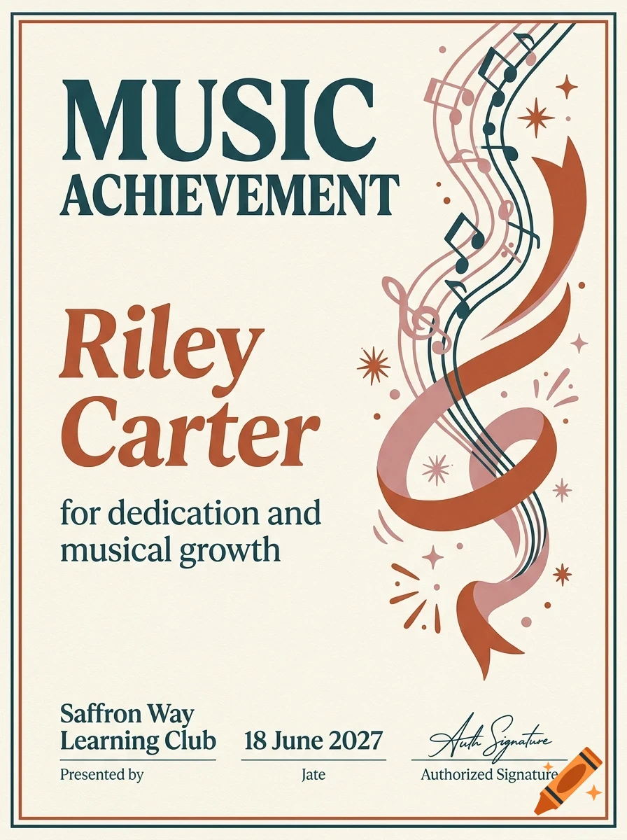A certificate titled MUSIC ACHIEVEMENT for Riley Carter, featuring a decorative ribbon and musical notes graphic in a vector illustration style.