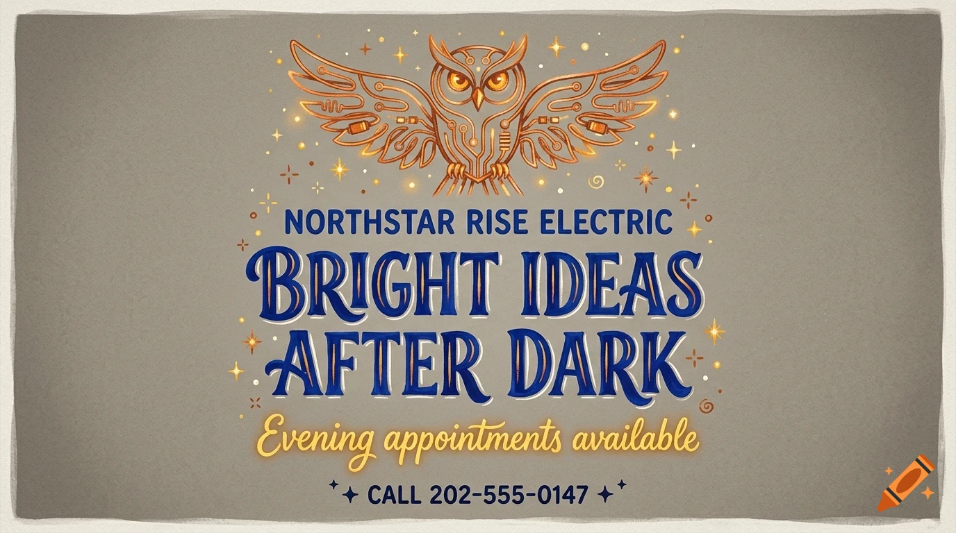 An electric-themed business logo featuring a mechanical copper owl above blue lettering that reads "BRIGHT IDEAS AFTER DARK" and additional text.