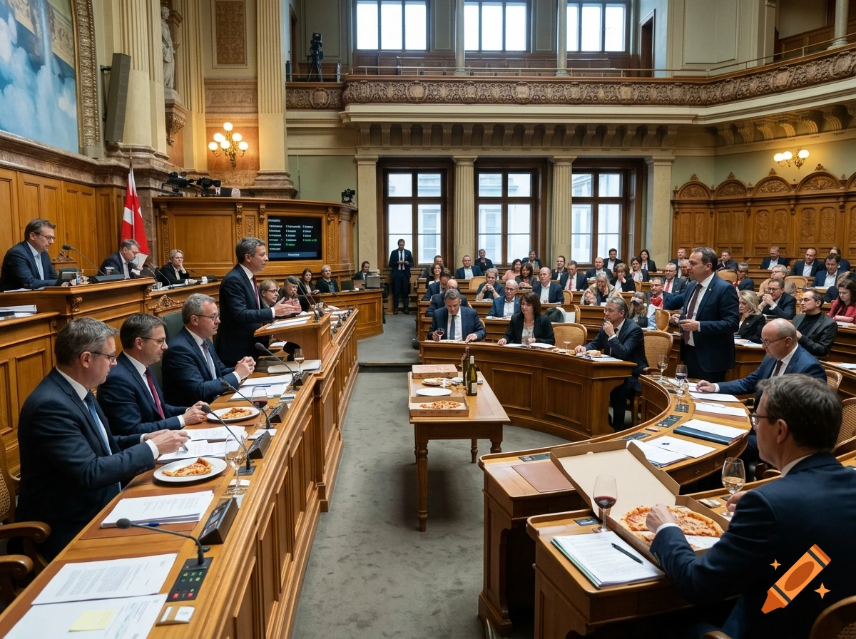 Politicians in a grand wood-paneled parliament hall eating pizza and drinking wine during a debate.