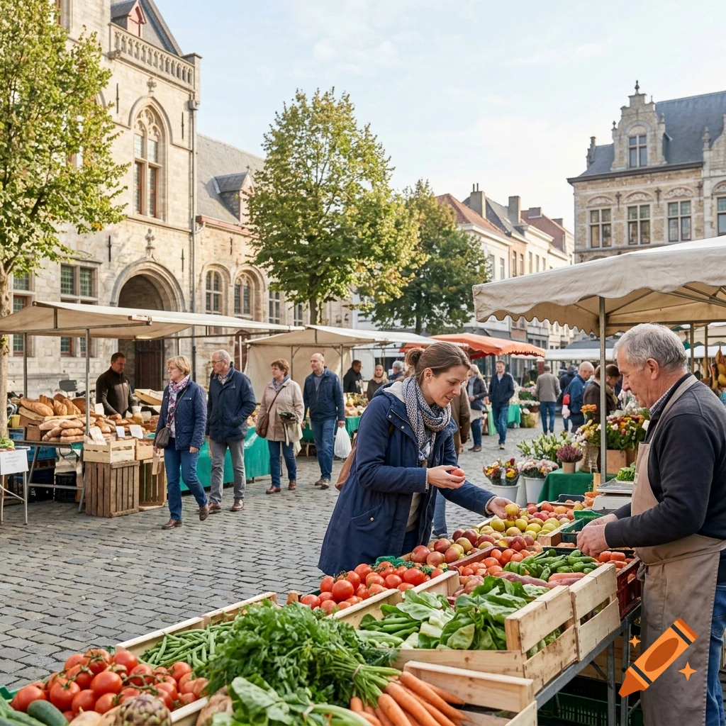 Photorealistic scene of a bustling outdoor European street market with people buying fresh vegetables and fruit.