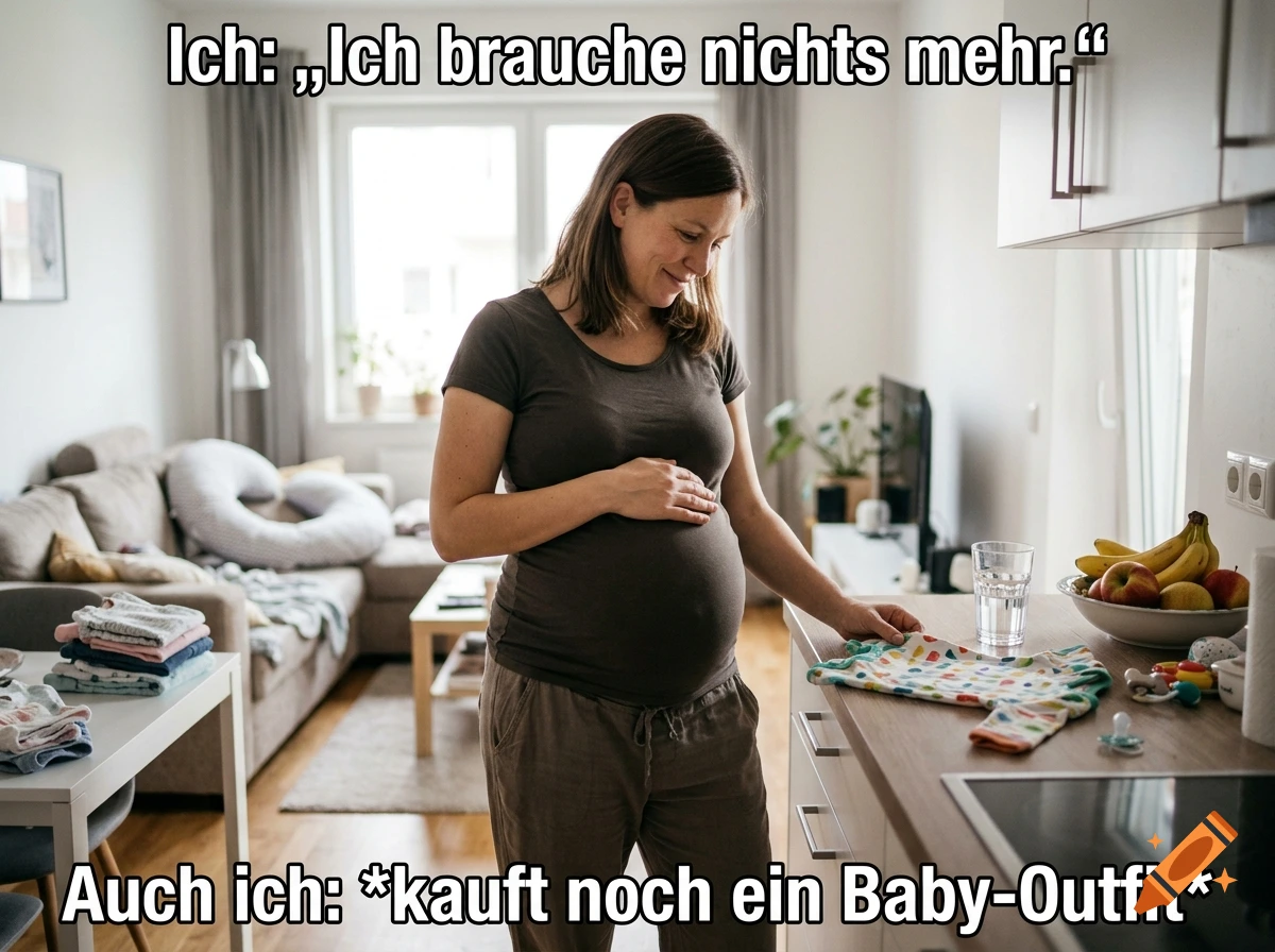 Photorealistic image of a smiling pregnant woman in a kitchen looking at a baby outfit, with German meme text overlay.