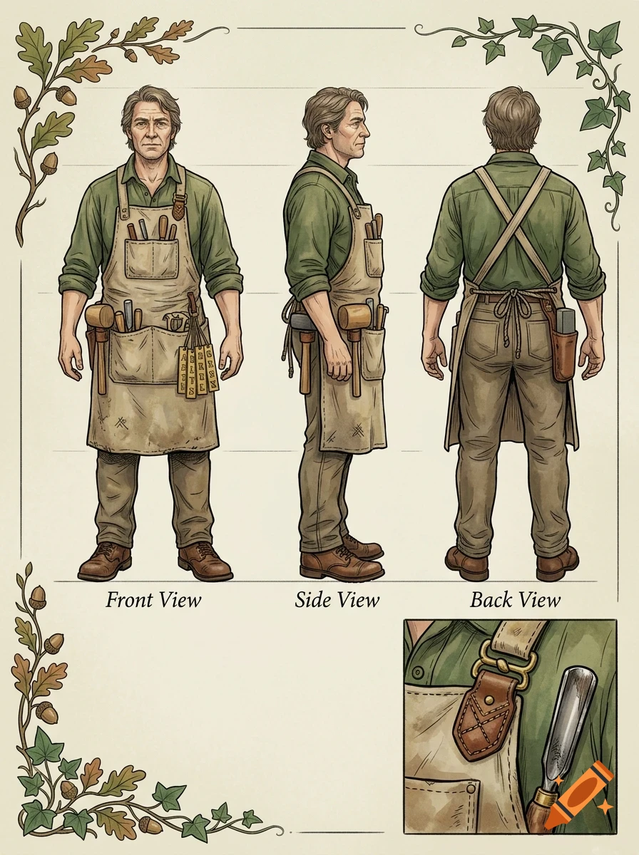 Front, side, and back views of a man in a work apron holding tools, shown as a character reference sheet with decorative leaf borders.