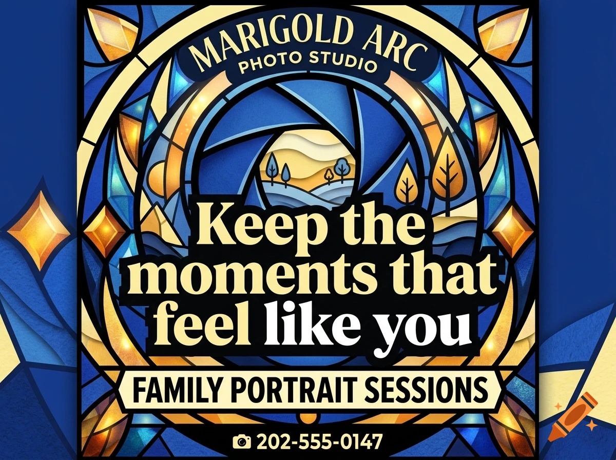 An advertisement for Marigold Arc Photo Studio featuring stained glass style graphics with a camera aperture design and text reading Keep the moments that feel like you.