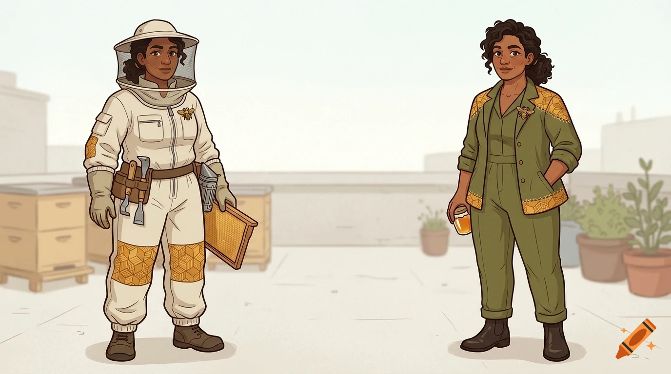 Illustration of a woman shown twice: once wearing a beekeeping suit holding a honeycomb frame, and once wearing casual green clothes holding a honey jar on a rooftop.
