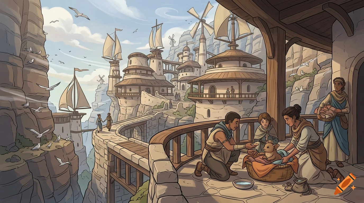 An illustrated fantasy town built into rocky cliffs, with people on balconies and walkways, wind-powered towers, and flying creatures in the sky.