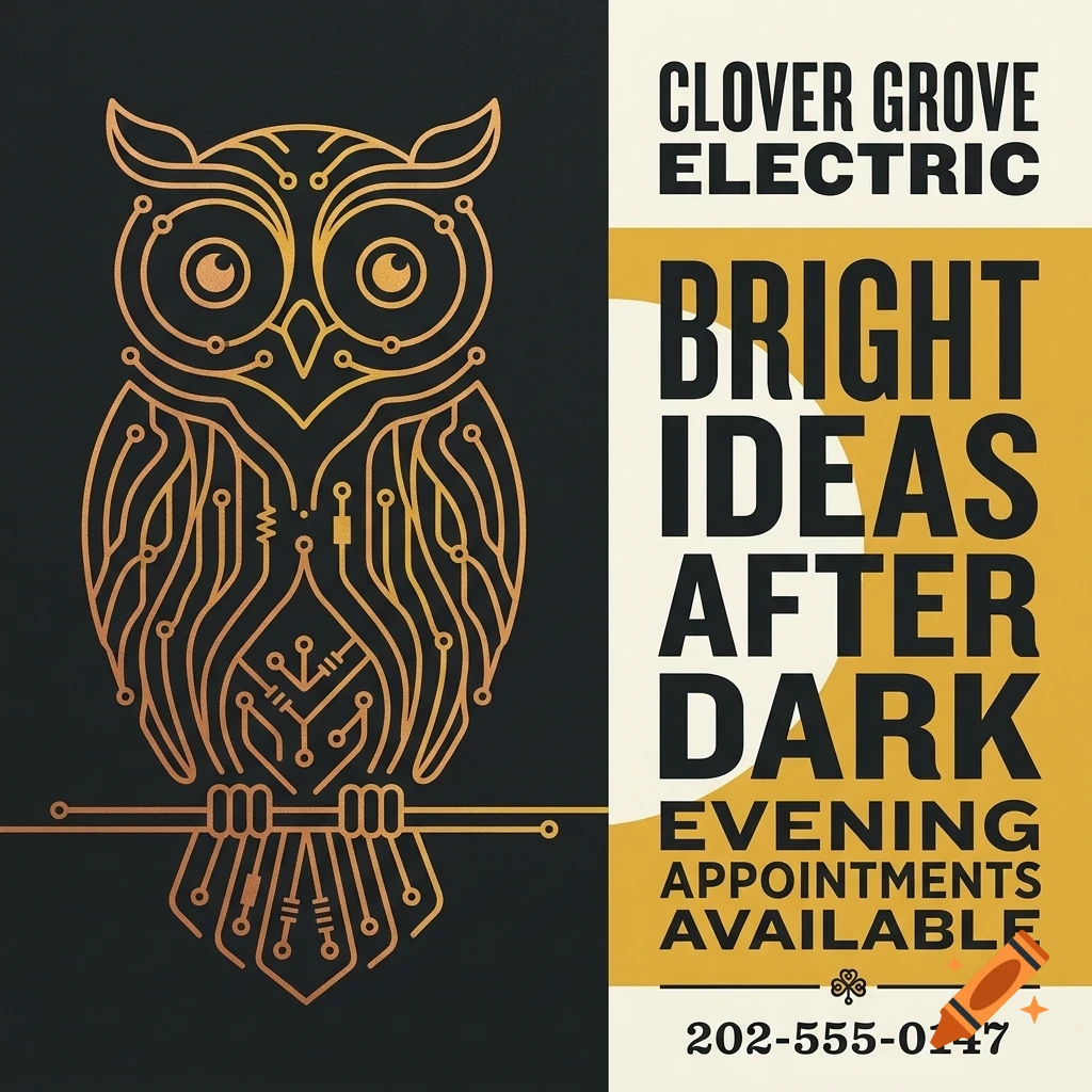 An advertisement for Clover Grove Electric featuring a stylized circuit-board owl illustration and bold text.