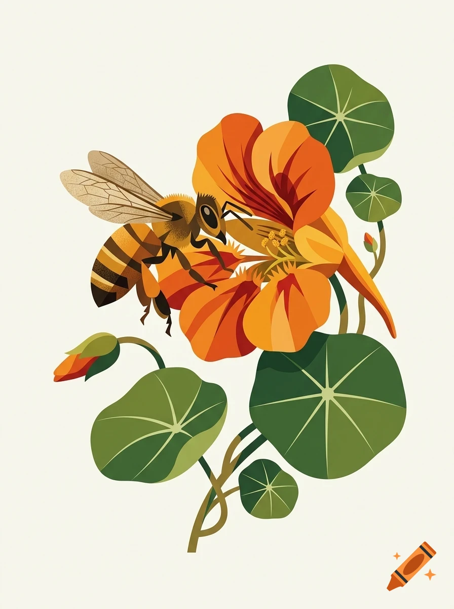 An illustration of a bee pollinating an orange nasturtium flower with green leaves.