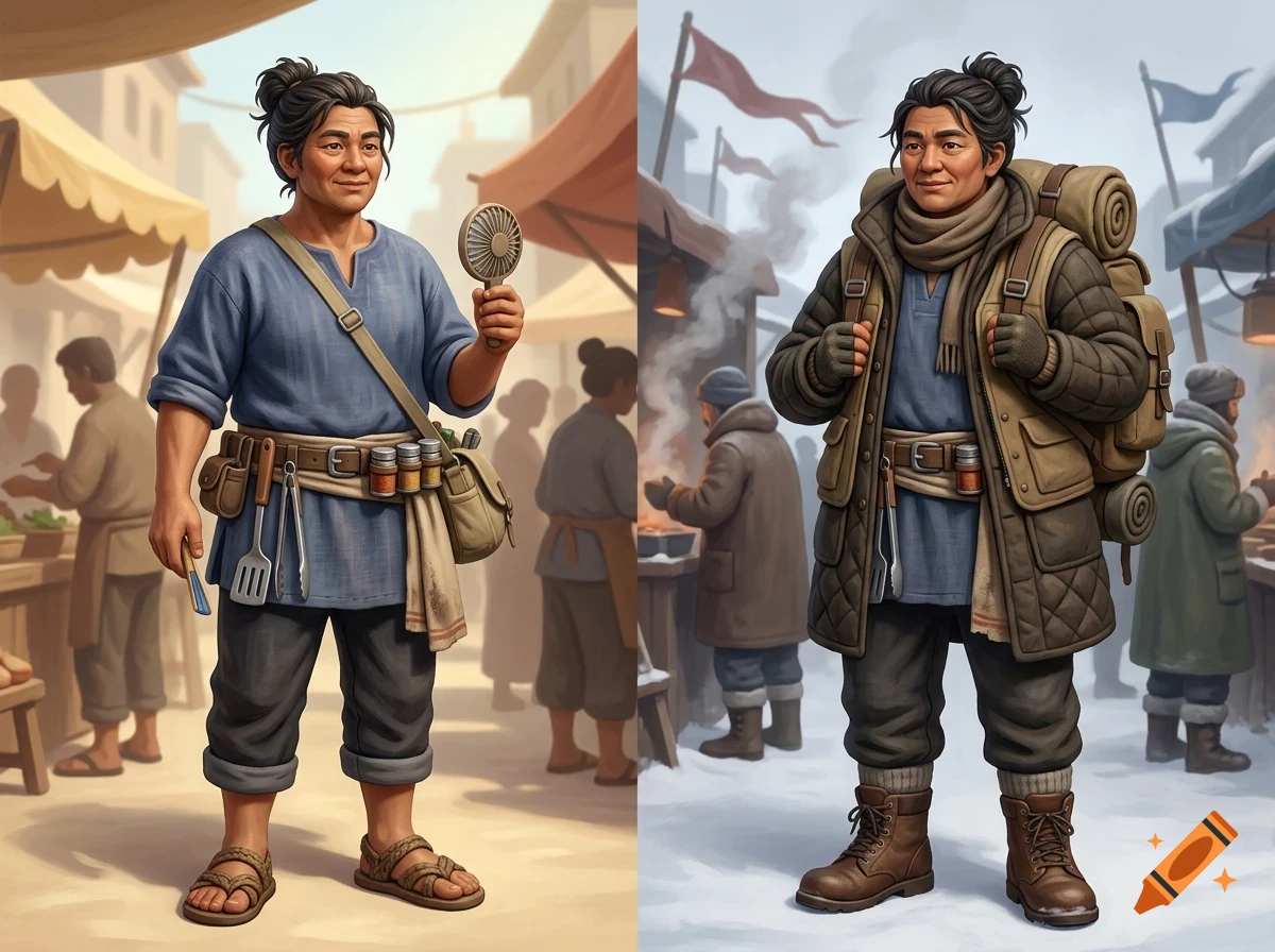 A split image showing the same character in warm and cold weather gear in an outdoor market setting.
