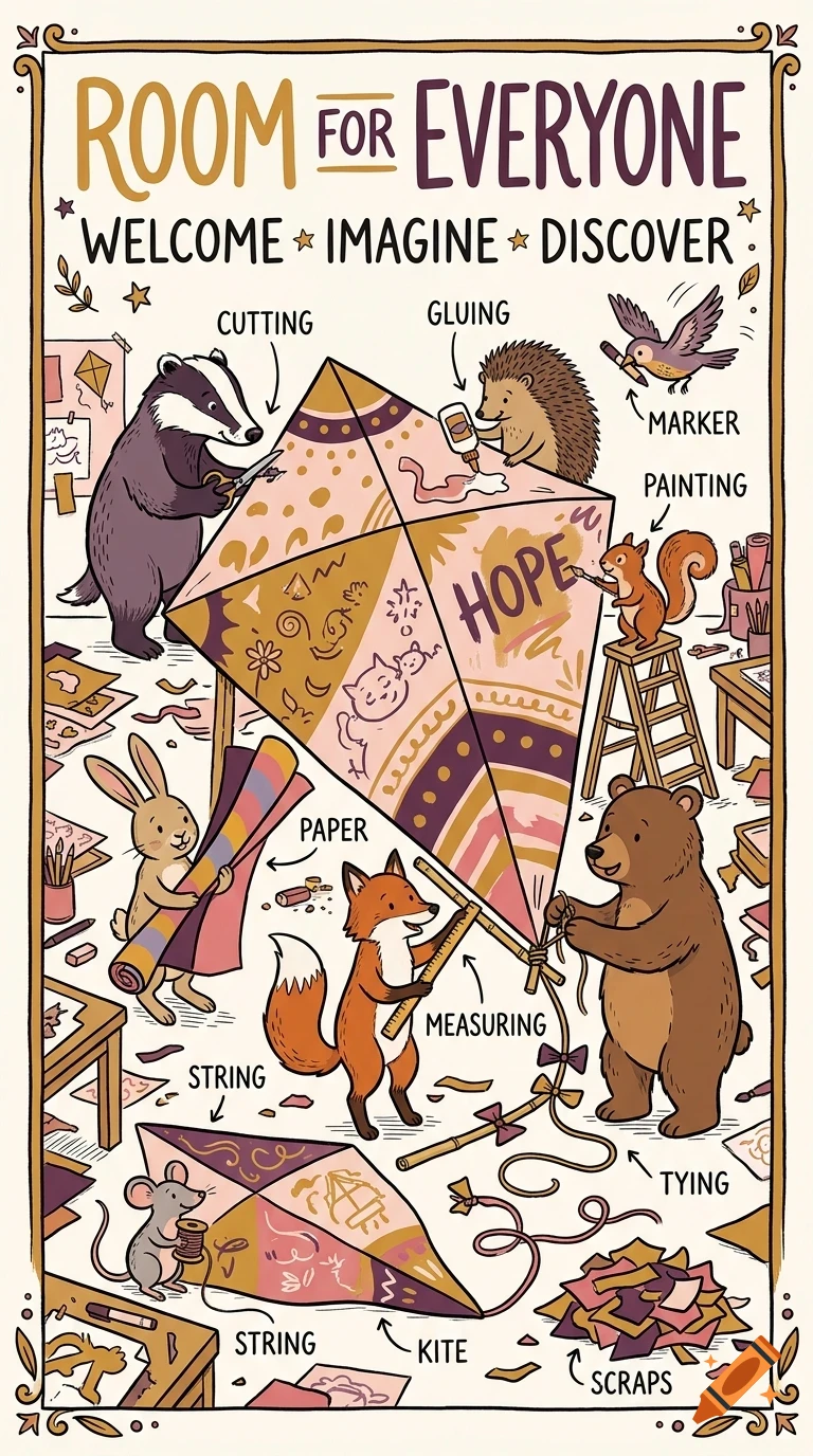 An illustrated poster showing woodland animals—a badger cutting, hedgehog gluing, bird with a marker, squirrel painting, bear tying, fox measuring, rabbit holding paper, and mouse with string—collaborating to build a large decorated kite, with text reading 'Room For Everyone, Welcome, Imagine, Discover'.