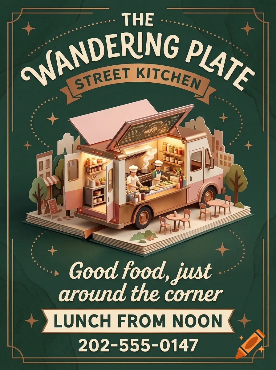 An illustration of a food truck diorama on an open book, with chefs inside cooking and text reading The Wandering Plate Street Kitchen.