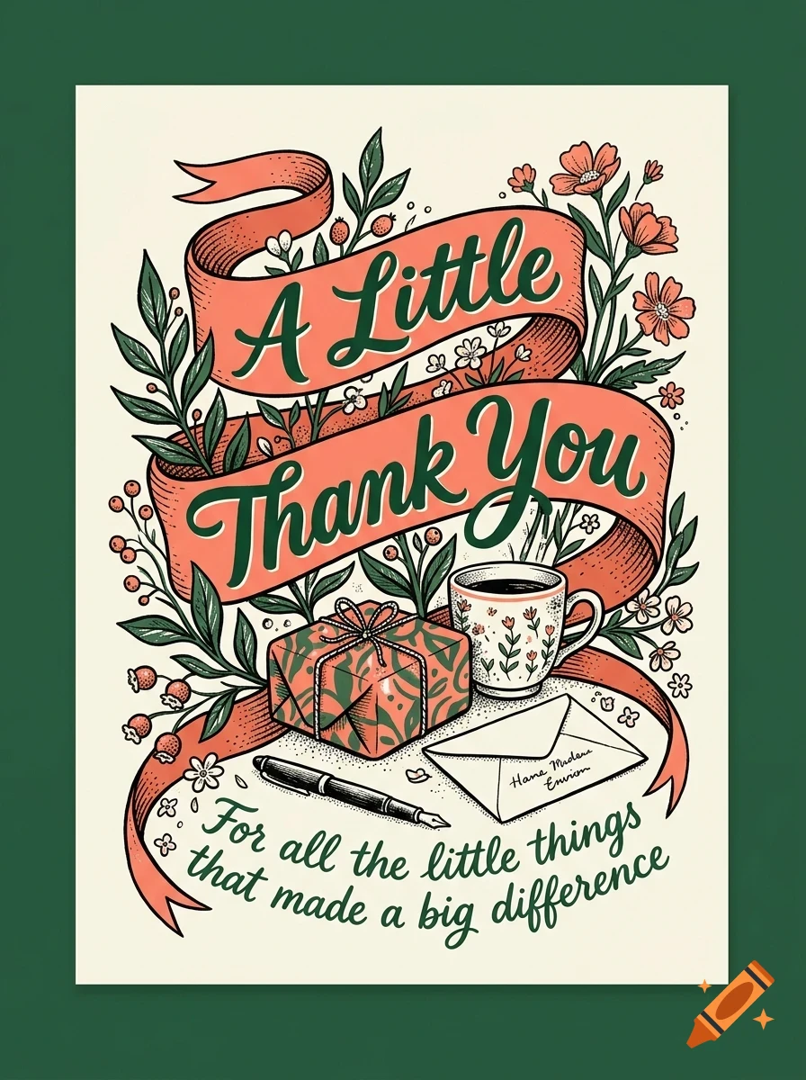 An illustrated thank you card with a banner reading 'A Little Thank You', surrounded by flowers, a gift box, a cup of coffee, a pen, an envelope, and additional text reading 'For all the little things that made a big difference'.