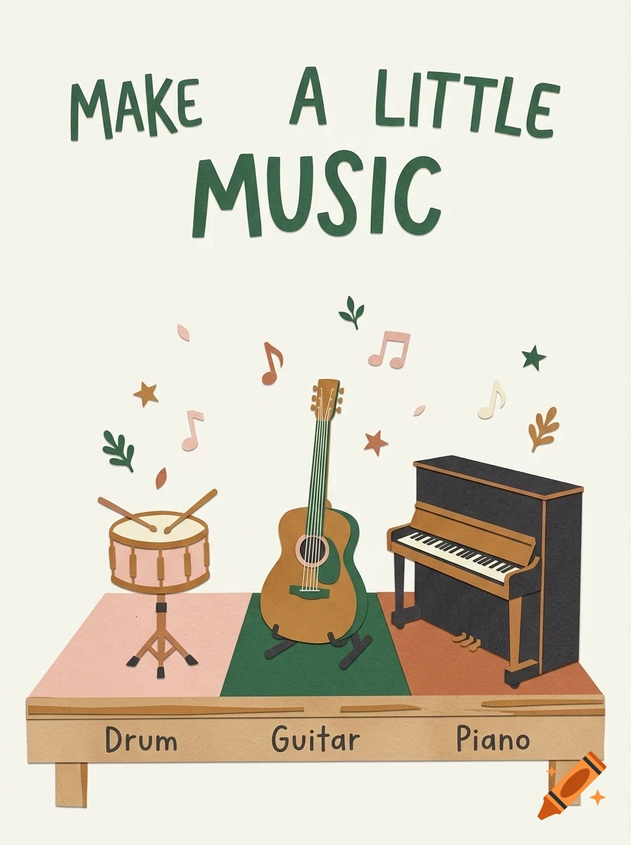 An illustrated poster with the text 'MAKE A LITTLE MUSIC' at the top, featuring a drum, guitar, and piano on a shelf with corresponding labels.
