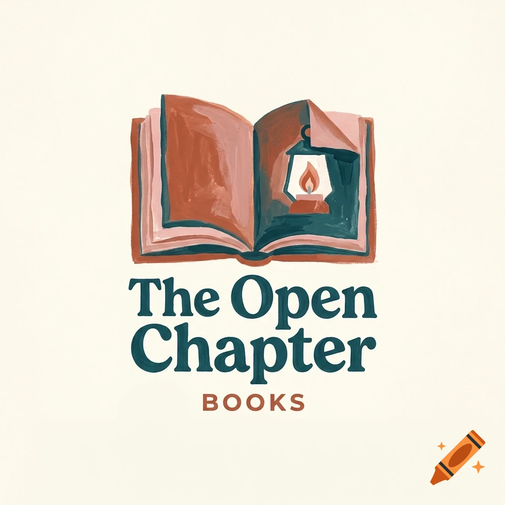 An illustration of an open book with a lit lantern inside the page, above the text The Open Chapter Books.