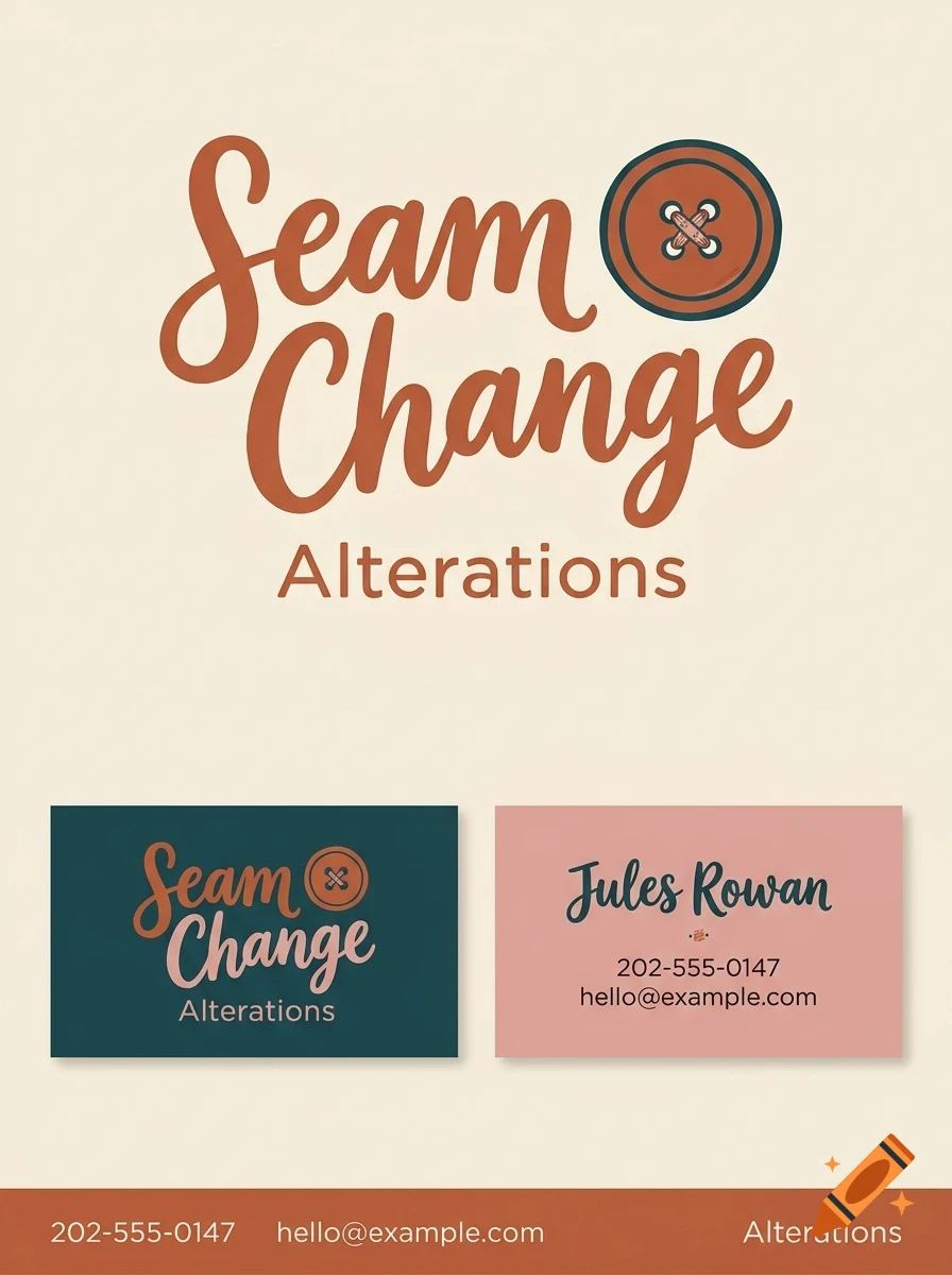 A branding design mockup for Seam Change Alterations, featuring stylized text and a sewing button icon.