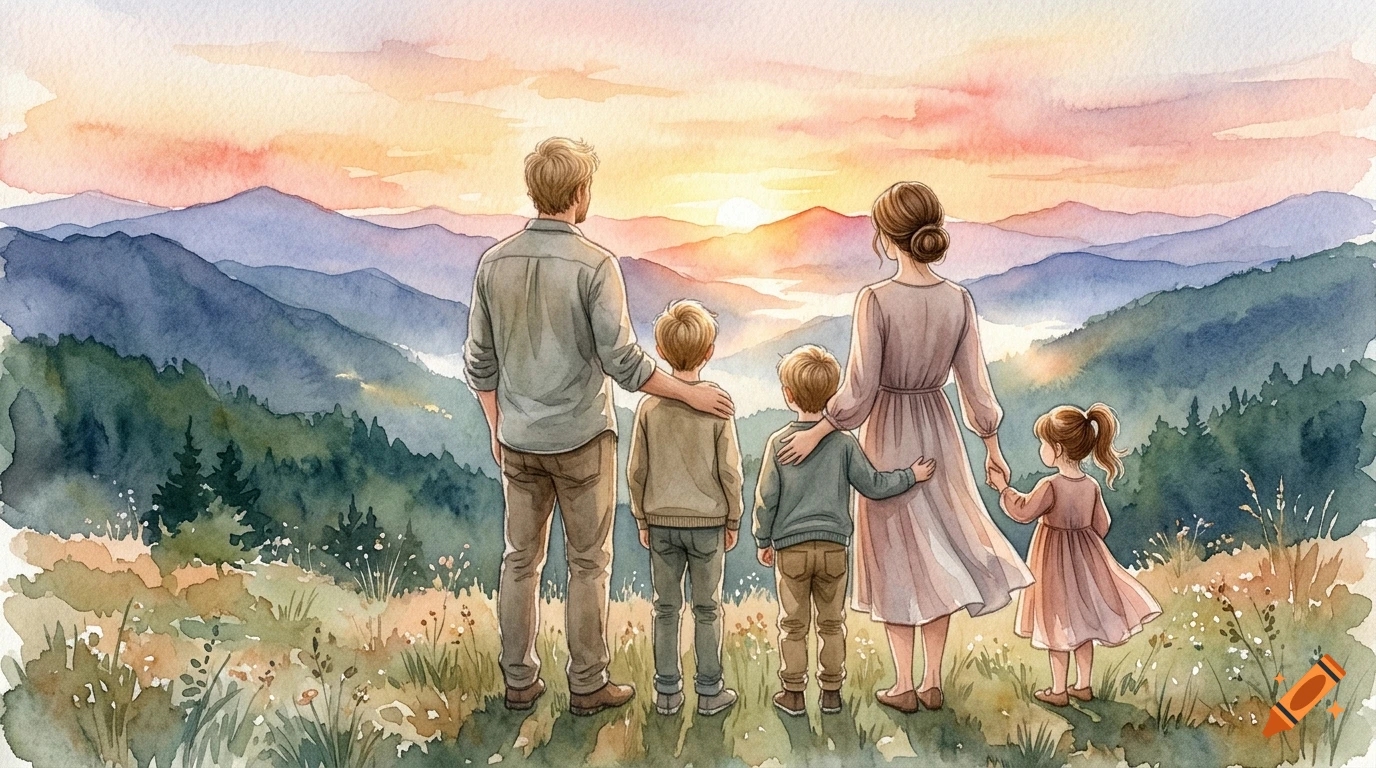Watercolor painting of a family of five looking at a sunset over mountains from a grassy hill