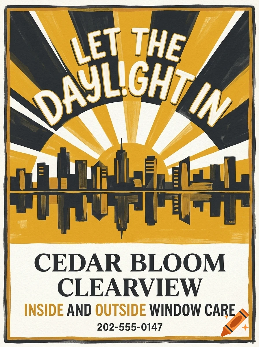 An advertising poster featuring a stylized city skyline silhouette under a sunburst pattern with the text 'LET THE DAYLIGHT IN' and business details below.